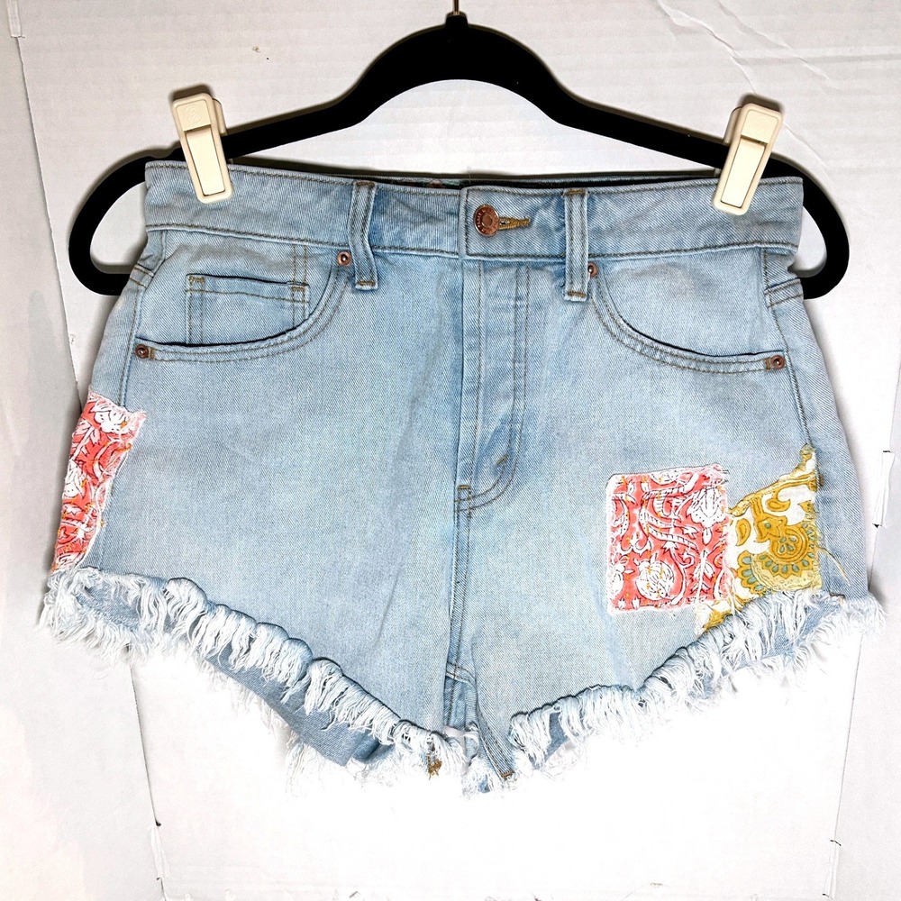 High Rise Shortie Patchwork Frayed Denim Shorts Light Wash S